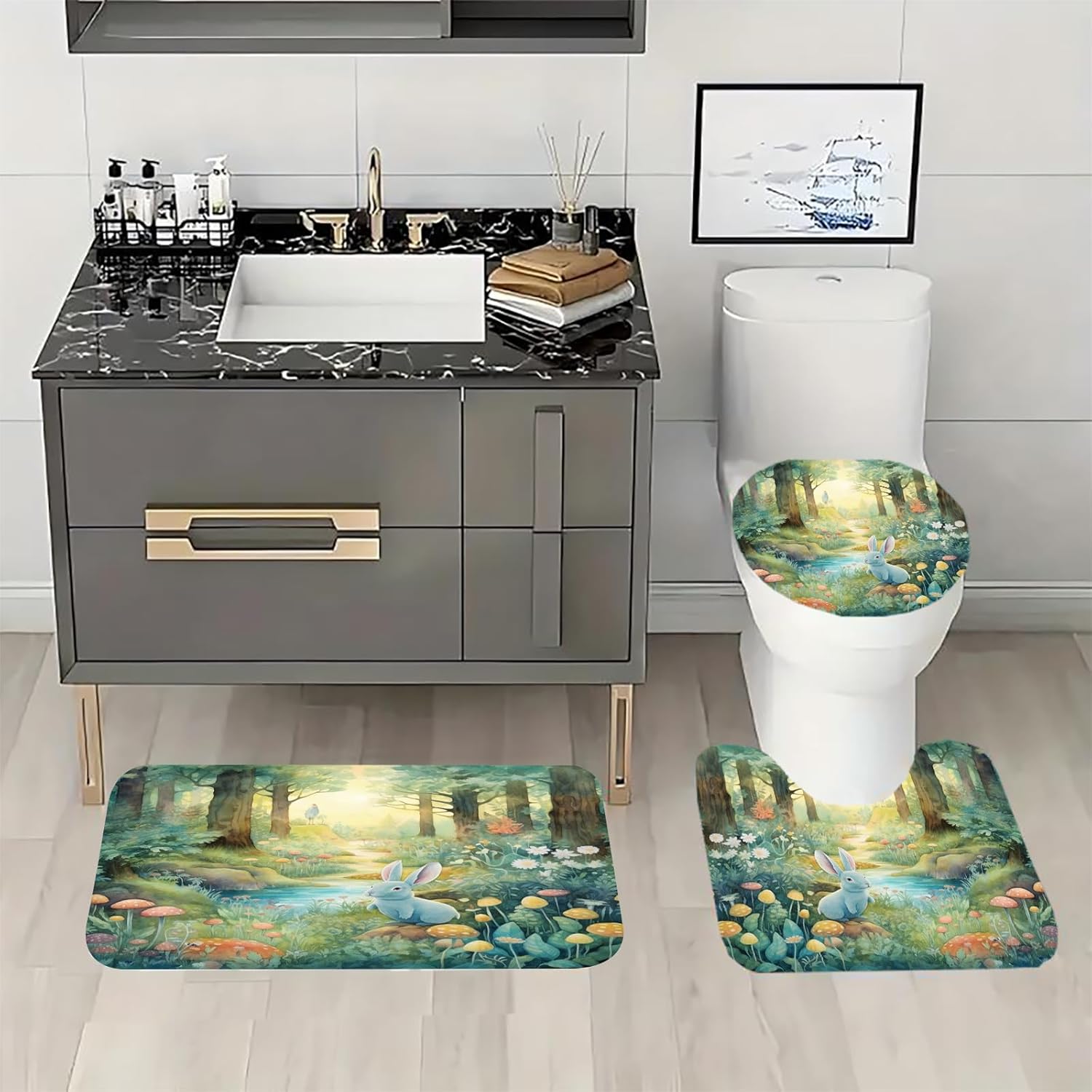 4 Pcs Forest Bathroom Decor Set with Shower Curtain and Rugs and Accessories Blue Rabbit Shower Curtain Set with 12 Hooks 72 in x 72 in Colorful Mushrooms Bathroom Shower Decor Accessory Set