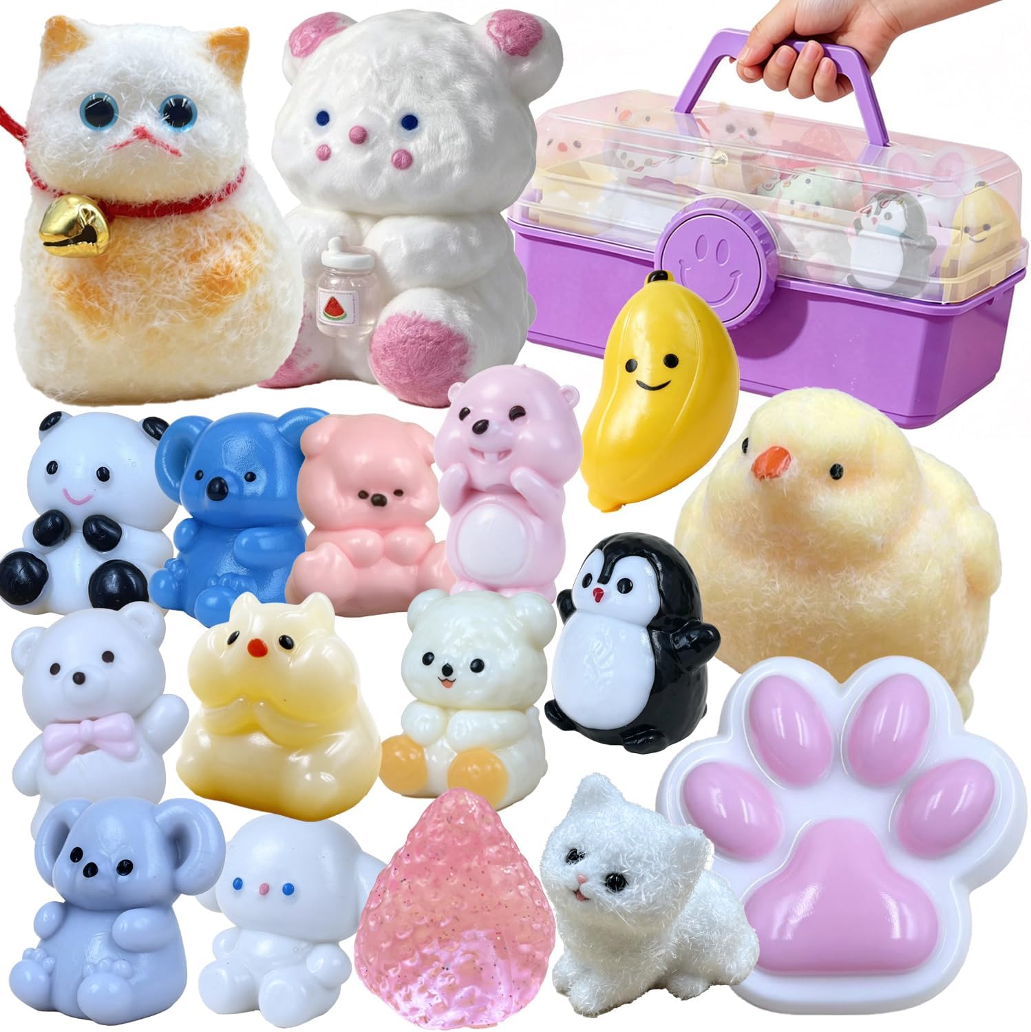 Squishy Toys Set Storage Box - Kawaii Cute Mochi Taba Squishies Slow Rising, Stress Relief Fidget Pack Kids Adults, Includes Orange Cat, Chicken, Paw, Milk Bear Squeeze Toys Set