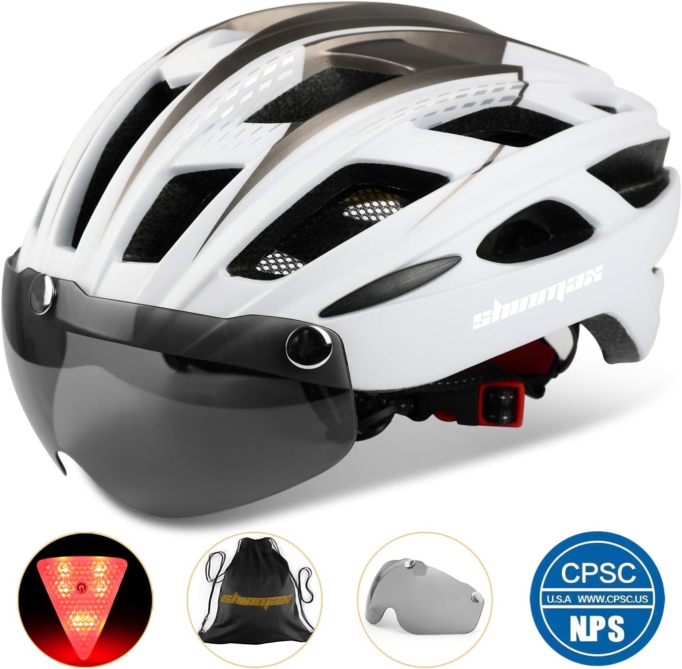 Shinmax Bike Helmet with Safety LED Light Cycle helmet for Men Women Bicycle Helmet with Detachable Magnetic Visor & Liner Breathable MTB Helmet Adult Lightweight Adjustable Size Cycling Helmet NR-096