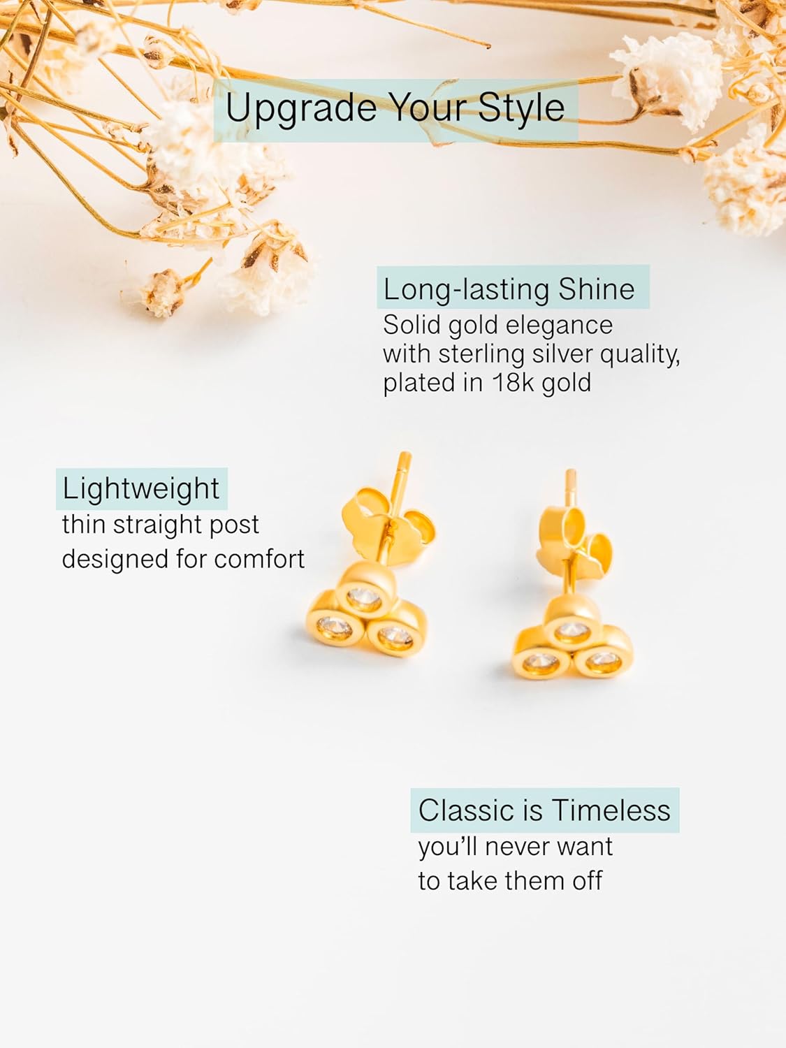 Altitude Boutique Cubic Zirconia Bezel Stud Earrings for Women | Single, Double, or Triple Cz Bezel Studs | 18K Gold or Silver Plated, Delicate, Hypoallergenic Minimalist Earrings - Image 3