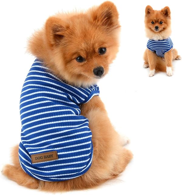 PAIDEFUL Clothes for Small Dogs Boy Girl Summer Striped Puppy T Shirt Vest Breathable Cotton Tee Sleeveless Chihuahua Yorkshire,Blue,Size S
