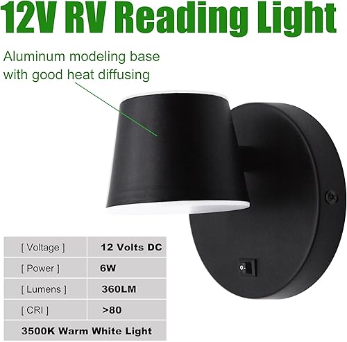 Miniatura 4 de Luz de lectura LED de 12 V con interruptor, lámpara de pared giratoria de 350 voltios de 12 voltios, acabado negro, luces interiores de RV para