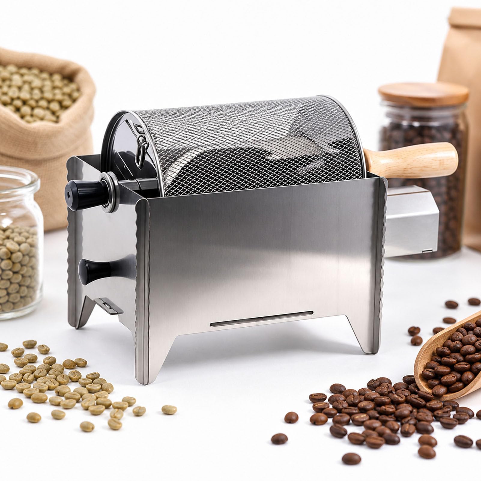 PioMue Portable Coffee Bean Roaster with Wooden Handle Sieve