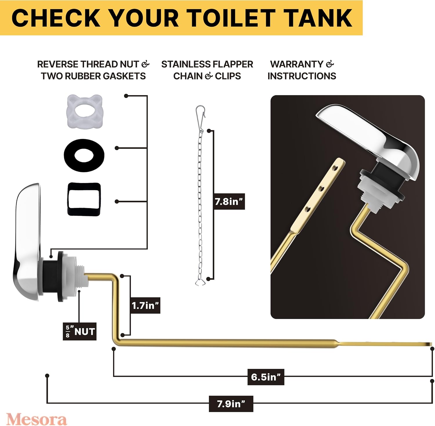 Mesora Aluminum Side Mount Toilet Handle Replacement Kit with Flapper Chain, Pure Brass and Aluminum, Universally Compatible with Most Side Mount Toilet Tanks - Chrome