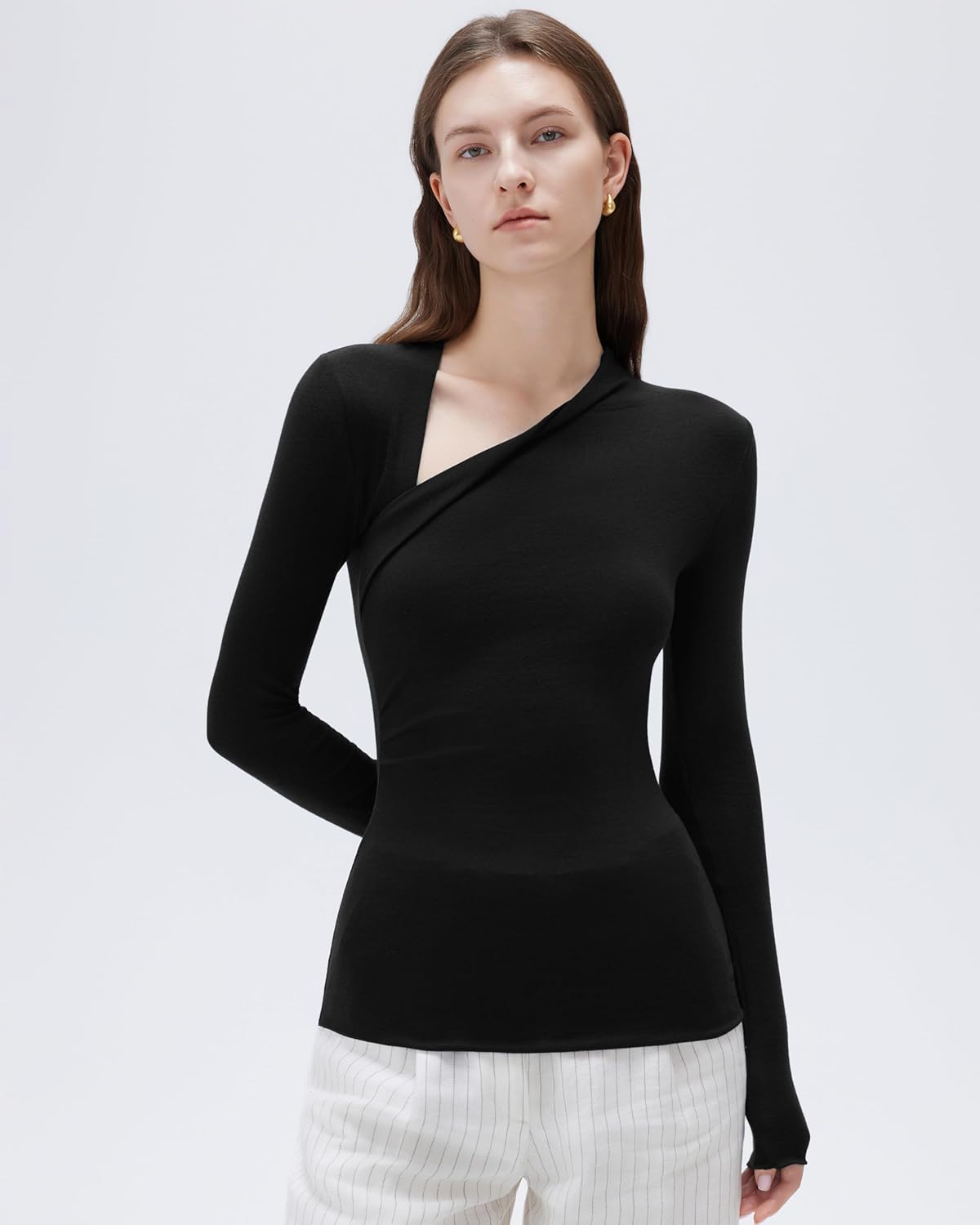 SUUKSESS Modal Cashmere Long Sleeve T Shirts for Women Ultralight Fall Fashion 2025 Trendy Asymmetric Neck Casual Tops - Image 5