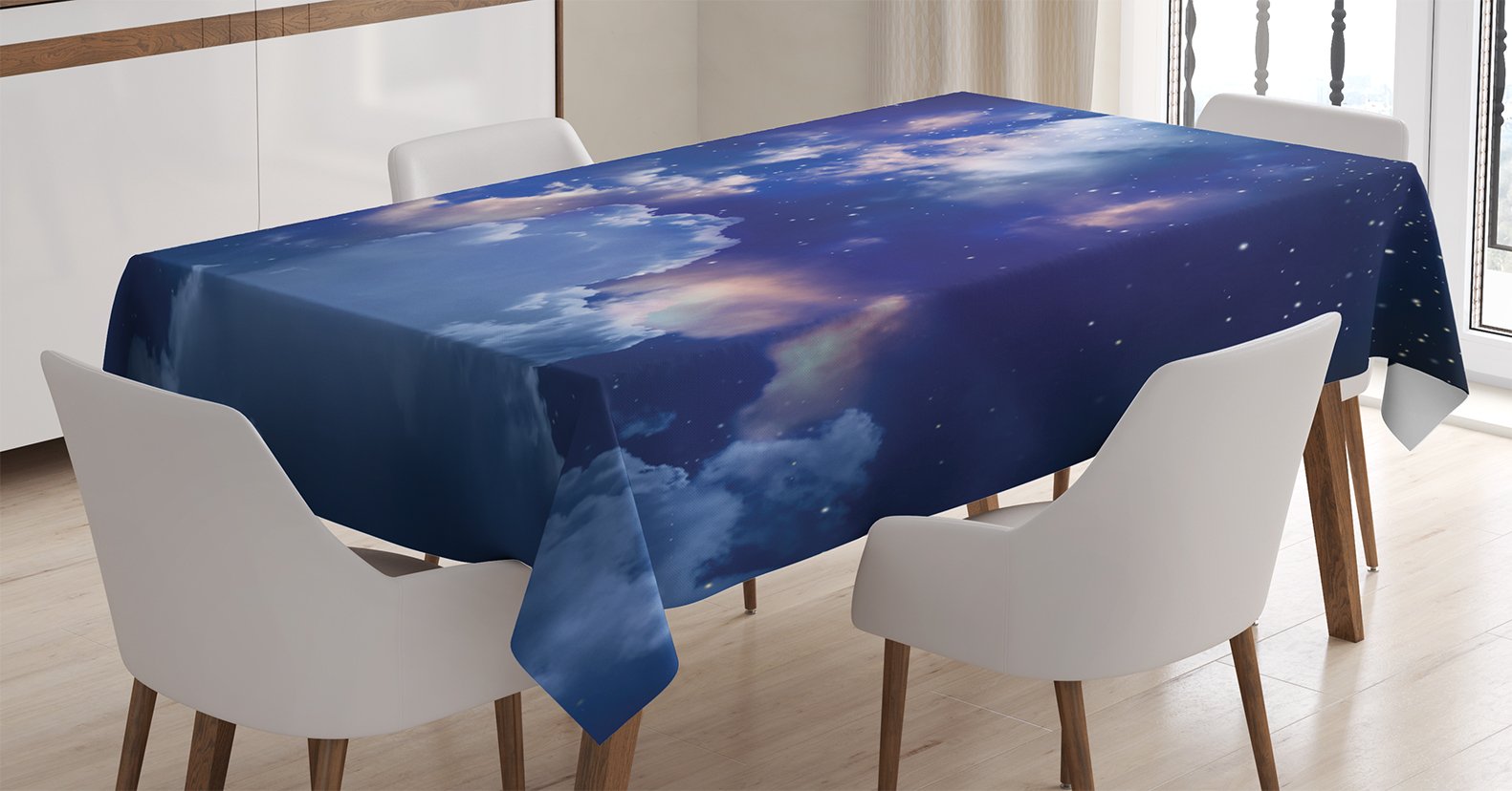 Ambesonne Space Tablecloth, Magic Sky View with Star and Clouds Celestial Colorful World Cosmic Expanse Theme, Rectangular Table Cover for Dining Room Kitchen Decor, 52" X 70", Blue White