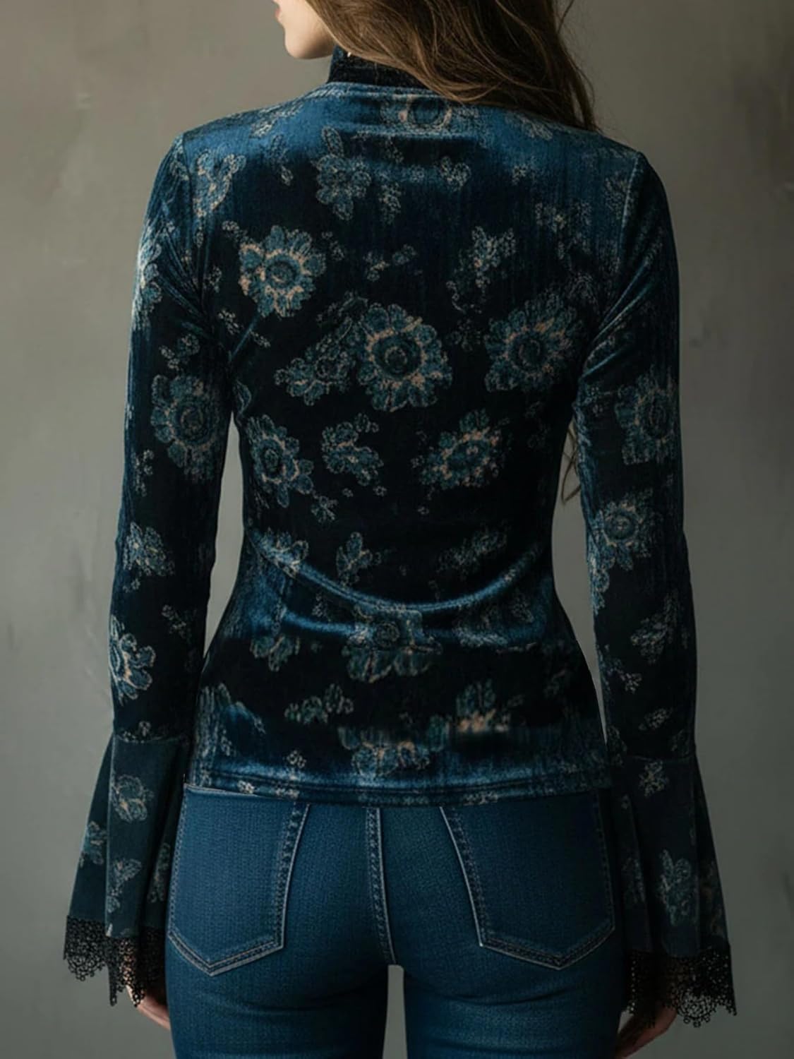 Lace Deep V Neck Velvet Blouse for Women Floral Print Lace Cuffs Long Flare Sleeve Blouse Tops - Image 8