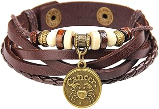 Young & Forever Valentine Gift Zodiaco Choose Your Zodiac Sign Constellation Handmade Brown Genuine Leather Bracelet for Men Womens Boys Girls