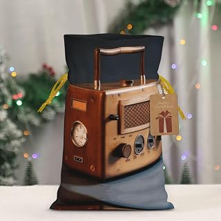 QMKFWT Reusable Gift Wrapping Bag for Holiday Party FavorsWooden Radio Christmas Gift Bag Burlap Xmas Drawstring Gift Sack with Tag & Tie, Medium Christmas Bags for Gifts