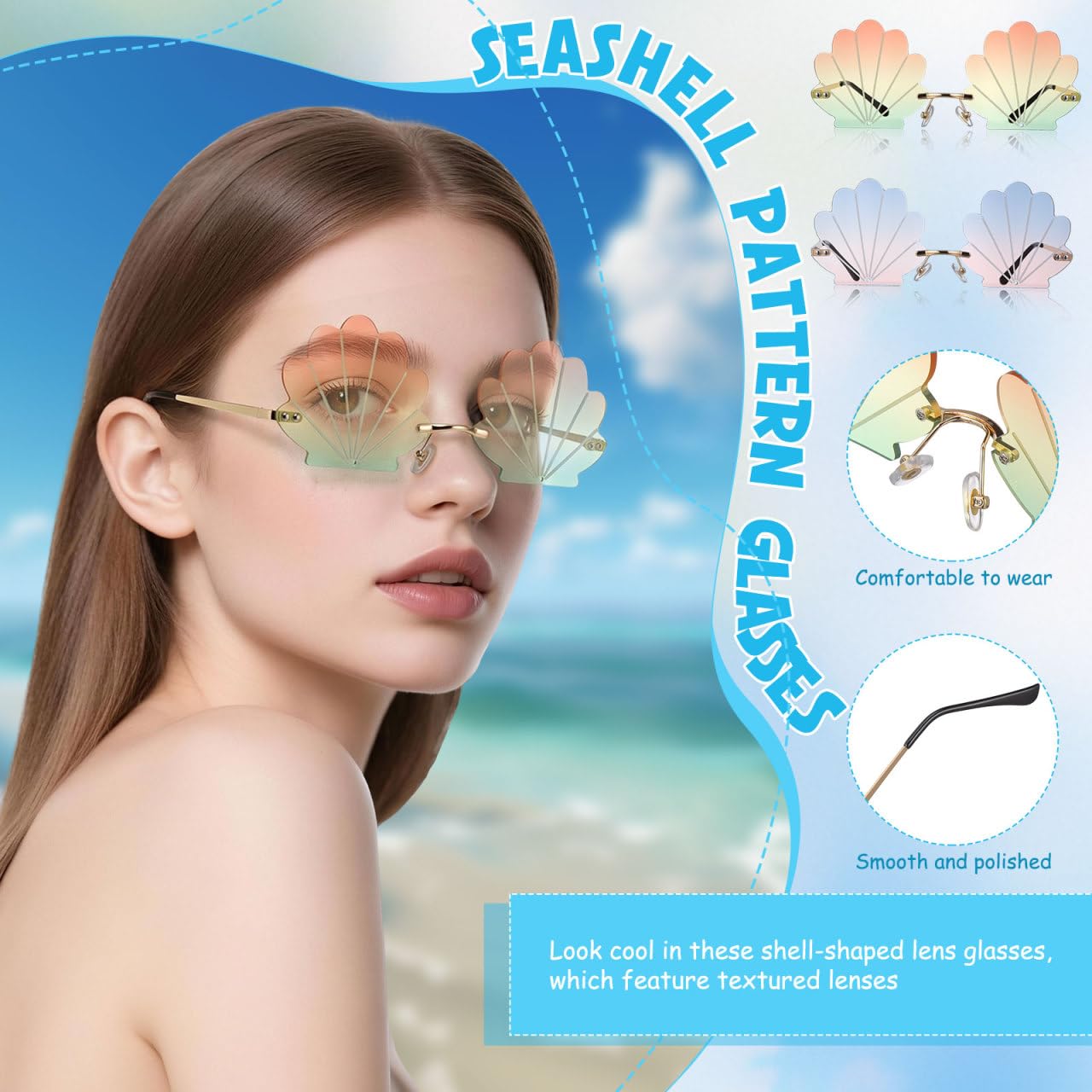 Hemobllo 2 Stück Lustige Sonnenbrille Damen, Muschel Partybrille Rahmenlos, Hawaii Festival Brille für Erwachsene, Strand Malle Foto Requisiten