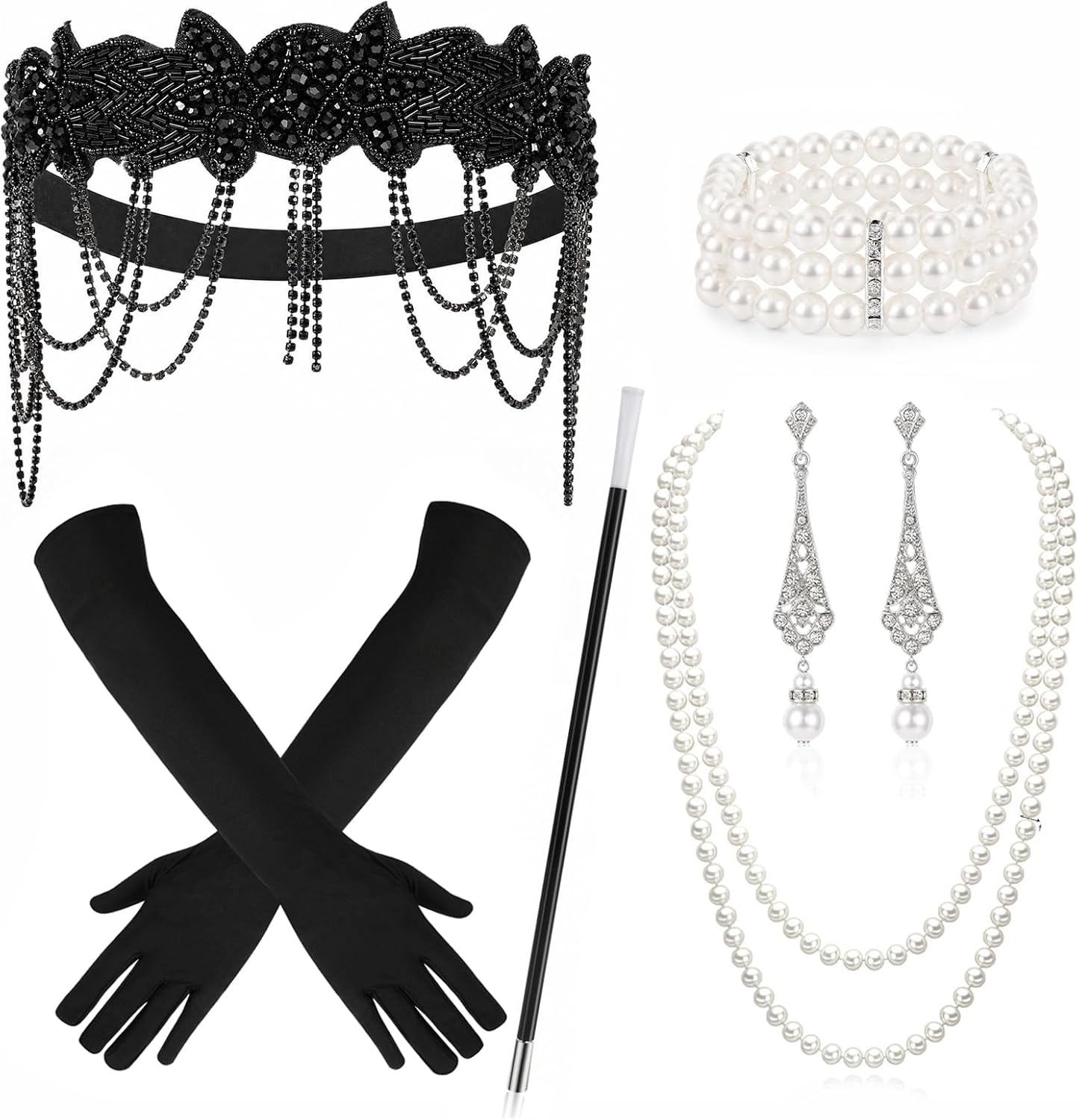 HOWAF 1920s Flapper Great Gatsby Costume Accessories Kit, Roaring 20s Pearl Jewelry Set with Lace Headband Long Satin Gloves Cigarette Holder for Women Halloween Party Dress Up