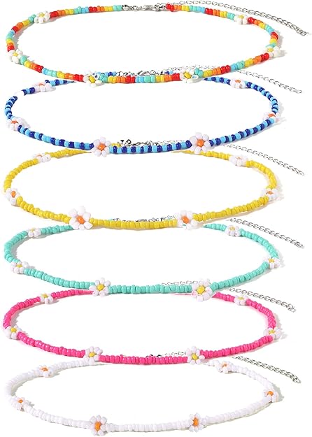 Beaded Choker Necklaces For Women Vsco Boho Handmade Flower Necklace Cherry Cute Necklace For Teen Girls Beach Necklace Set 6 Pieces