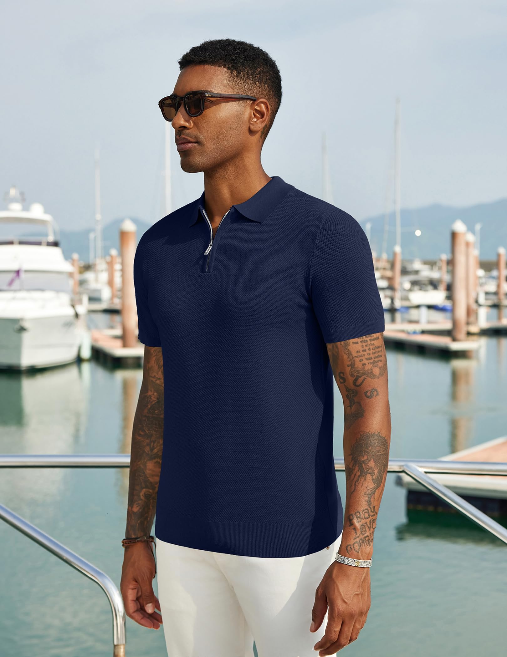 COOFANDY Polo de Manga Corta para Hombre, Polo de Punto de Verano con Cremallera, Camisa de Golf Rosa