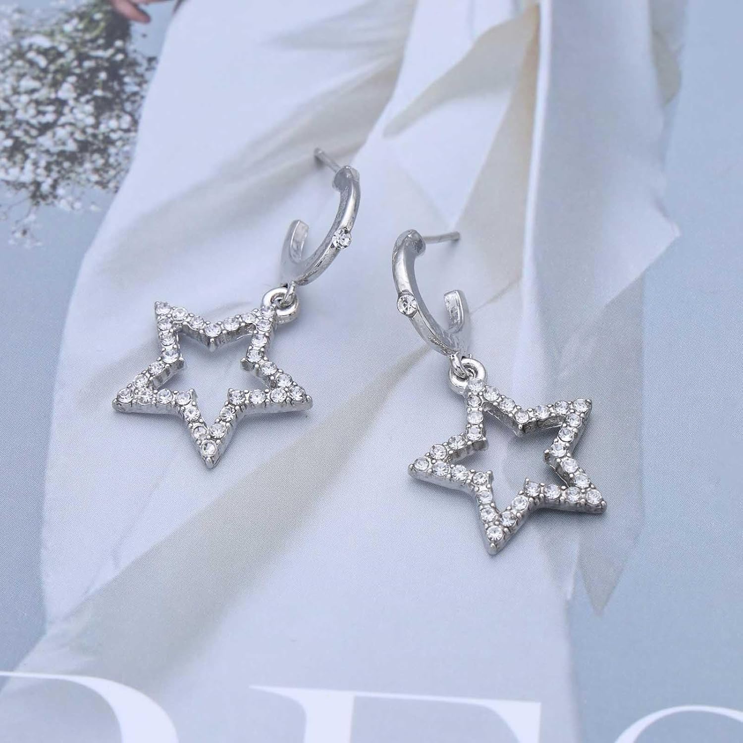 Bohemian Crystal Star Drop Earrings Small Hollow Star Dangle Earrings Silver Cz Star C Shape Earrings Rhinestone Star Circle Hoop Earrings Jewelry for Women - Image 3
