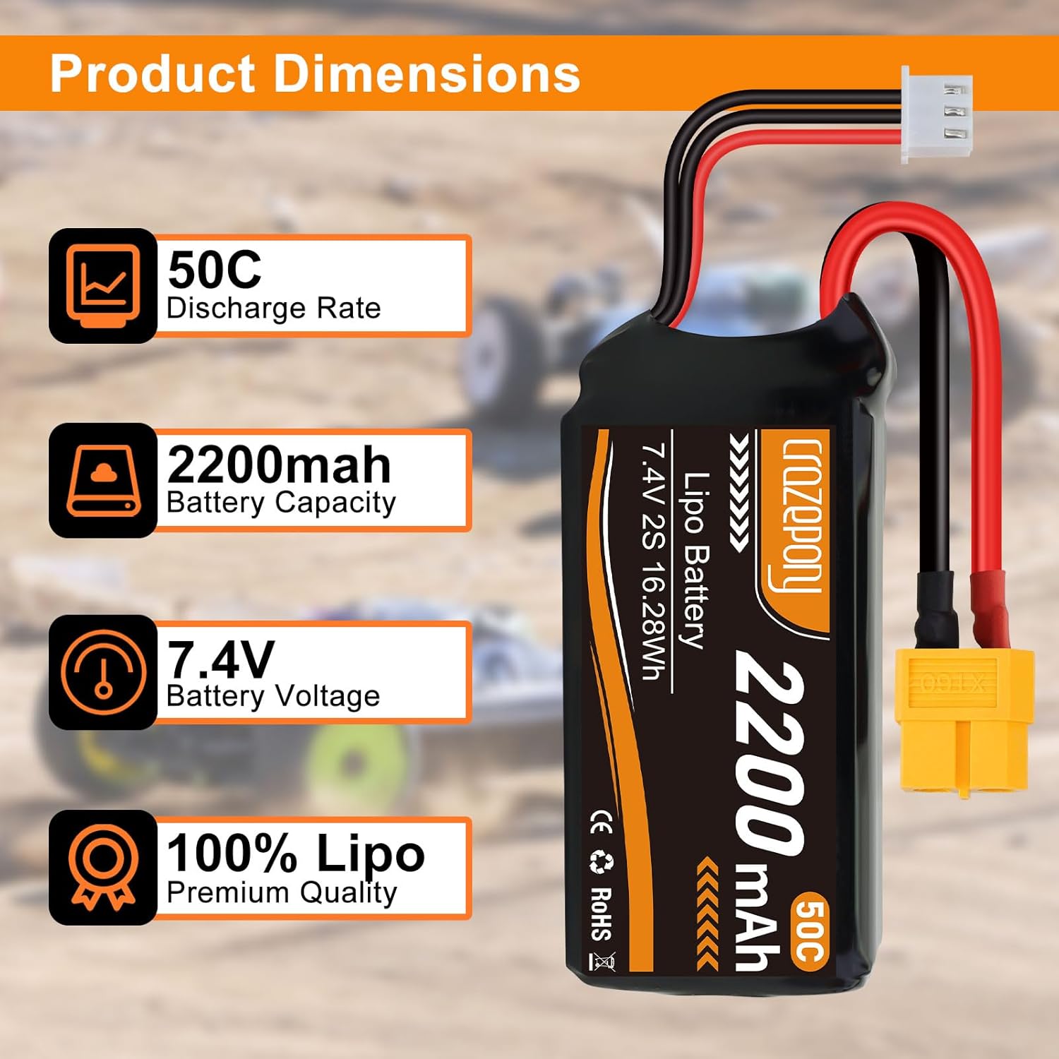 Crazepony 2S Lipo Battery 7.4V 2200mAh 50C Shorty Lipo Battery with XT60 Connector Soft Pack for 1/16 Slash RC Car RC Truck RC Helicopter Airplane Quadcopter Drone RC Boat Racing Models - 2 Pack