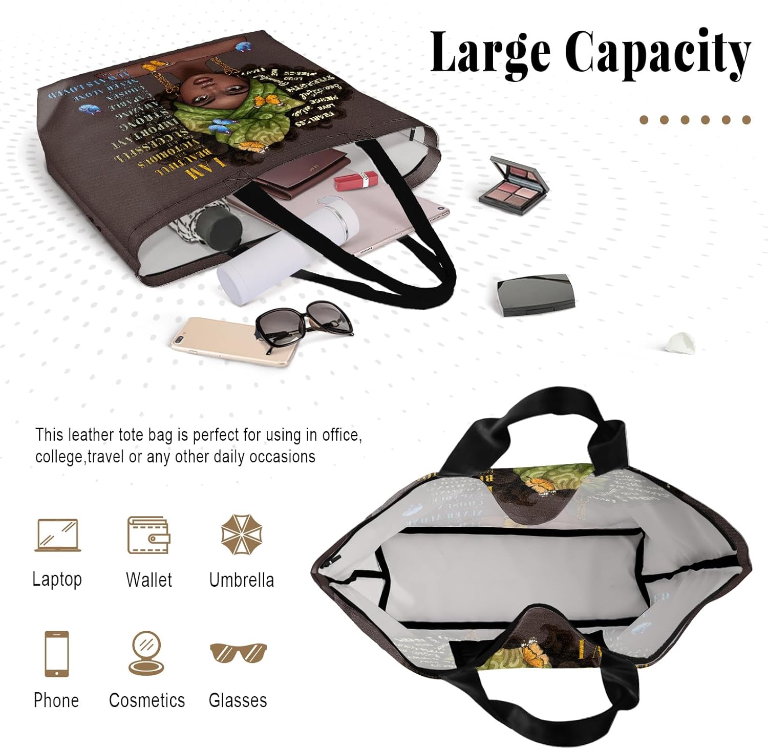 African American Black Women Tote Bag Black Girl Magic Shoulder Handbag For Work Travel Beach Shopping - Image 6