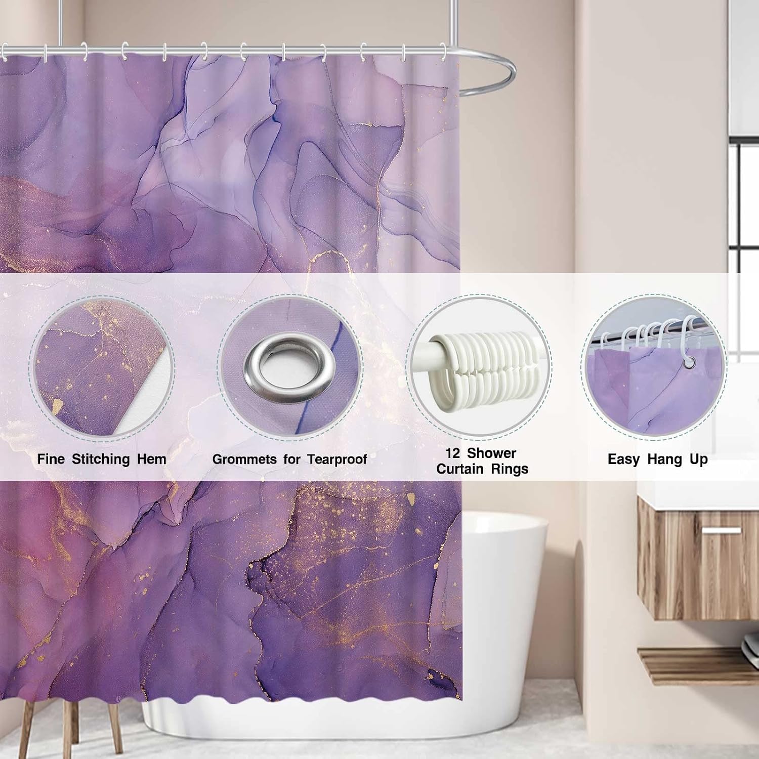 Allenjoy Purple Marble Shower Curtain Lavender Gold Pattern Elegant Texture Abstract Fabric Bathroom Curtains Set Ink Art Painting Decor Durable Bathtub Showers Decor with 12 Hooks 72x72 Inch