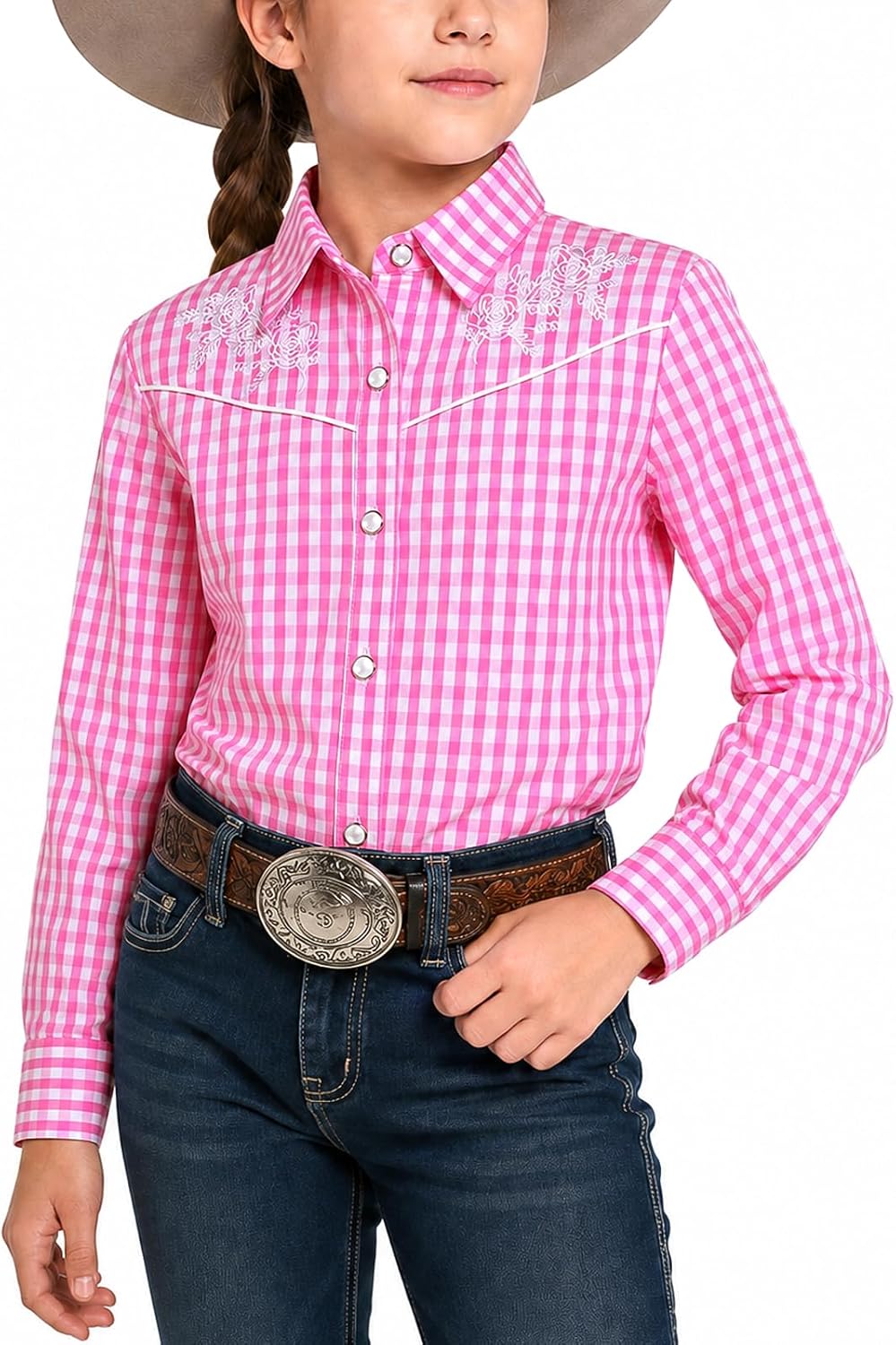 Girls Western Shirt Long Sleeve Pearl Snap Button Down Cowgirl Outfits Embroidered Blouse Tops(5-12 Years)