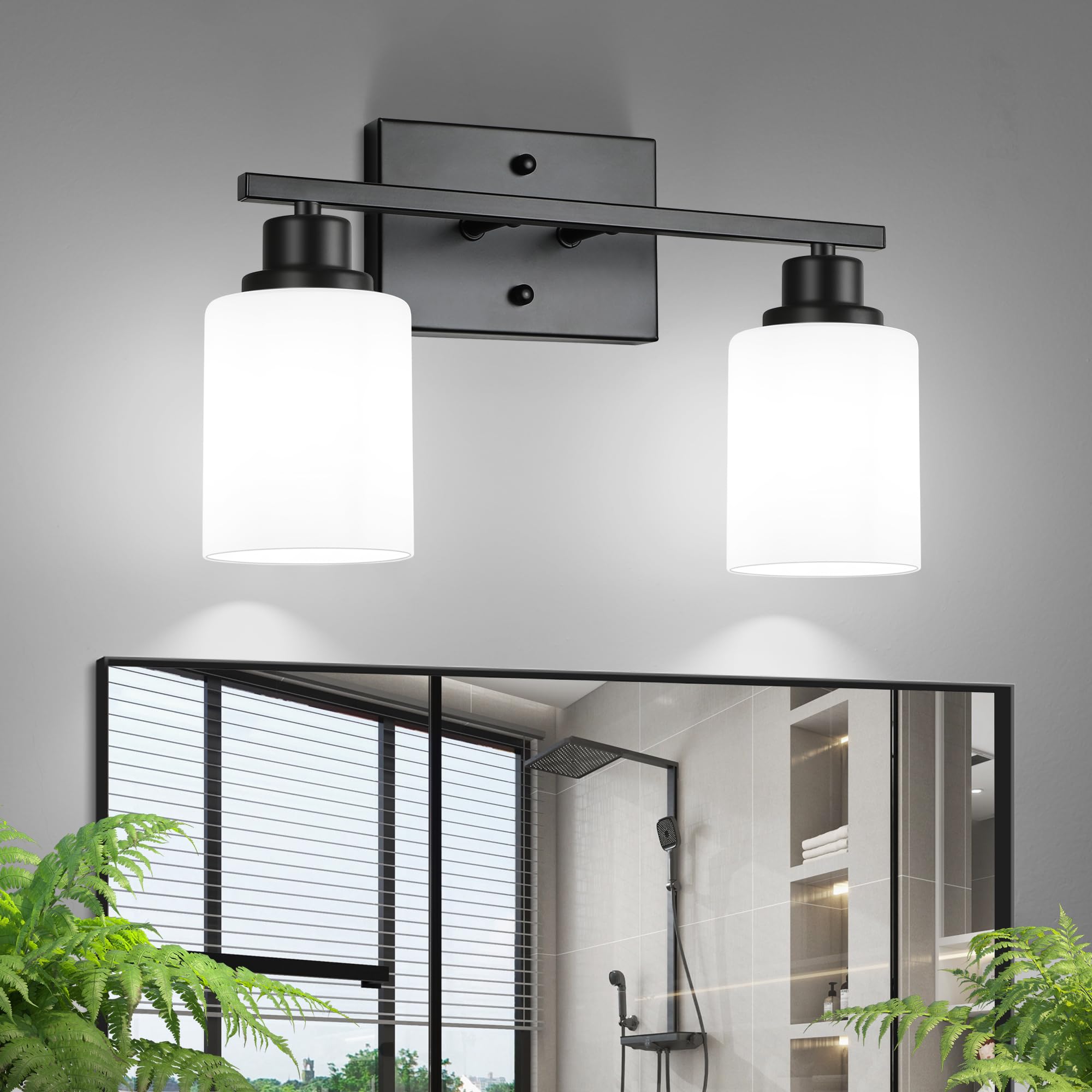 Ascher Bathroom Light Fixtures, 2-Light Vanity Light Over Mirror, Matte Black Wall Sconces with Milky White Frosted Glass Shades, Wall Lamp for Living Room Bedroom, E26 Base(Bulbs Not Included)