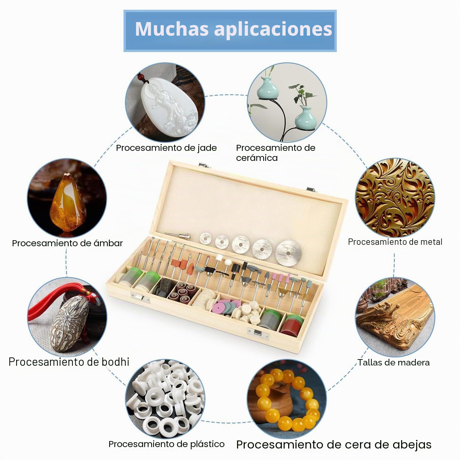 Accesorios Para Herramientas Rotativas,Accesorios de Amoladora Eléctrica Con Caja de Almacenamiento de Madera,Juego de Accesorios Multiusos Para Molienda Lijado Pulido Corte Esculpir 242 Piezas