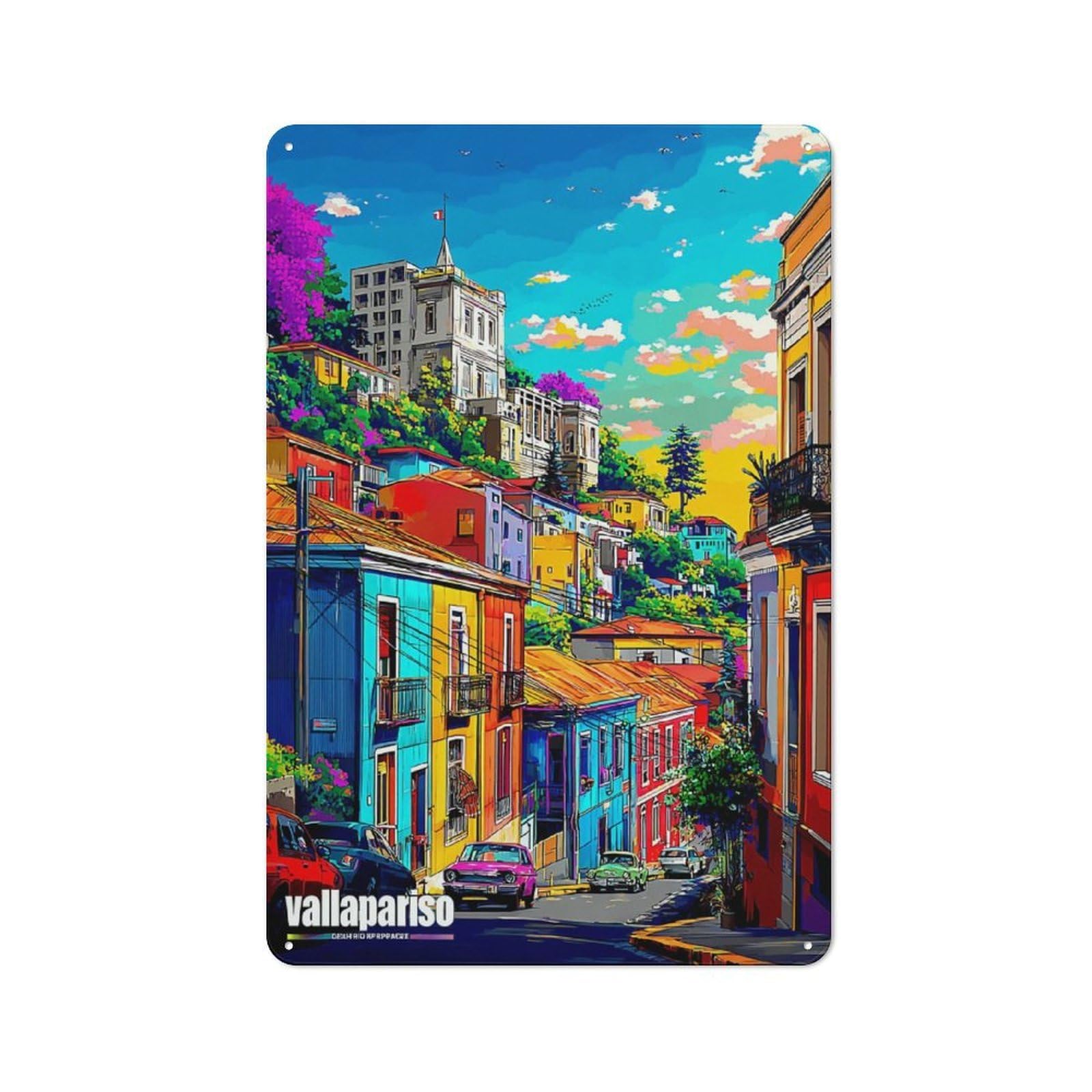 Junmoney Colorful Hillside Neighborhood Scene Retro Metal Sign 30X20cm For Lounge Or Reading Corner, For An Autumn Wall Display In Lounge And Reading Corner