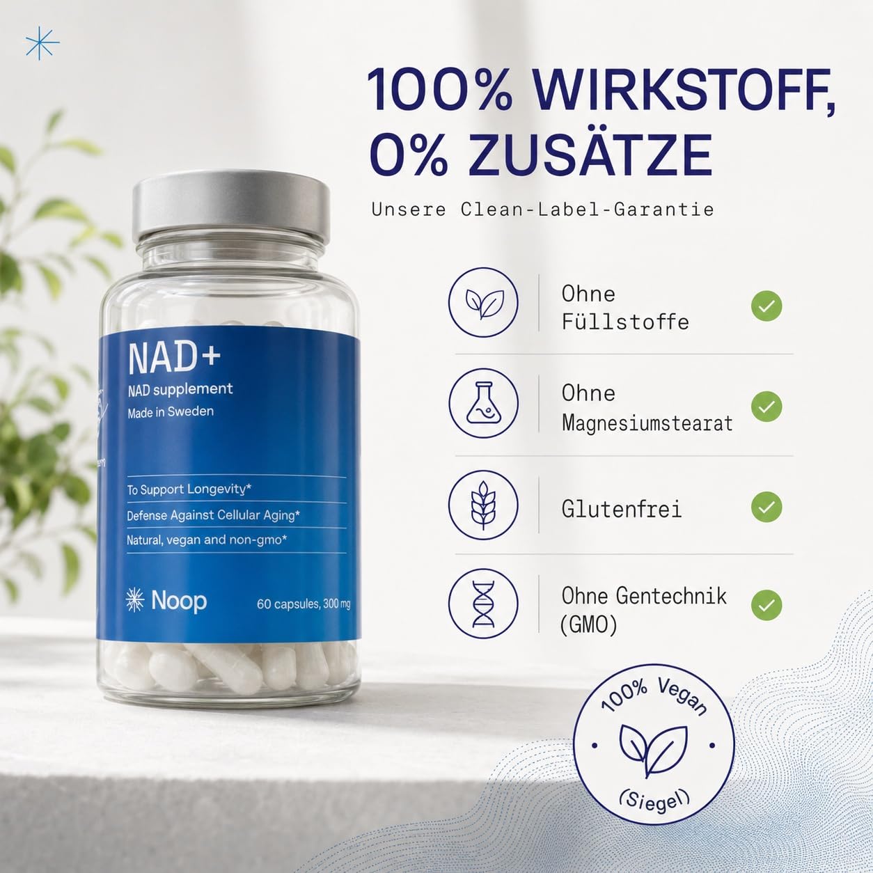 NAD+ Nicotinamid-Ribosid Kapseln, Hochreines NR Supplement, Vegan & Laborgeprüft, Hergestellt in Schweden — 300 mg, 60 Kapseln NOOP