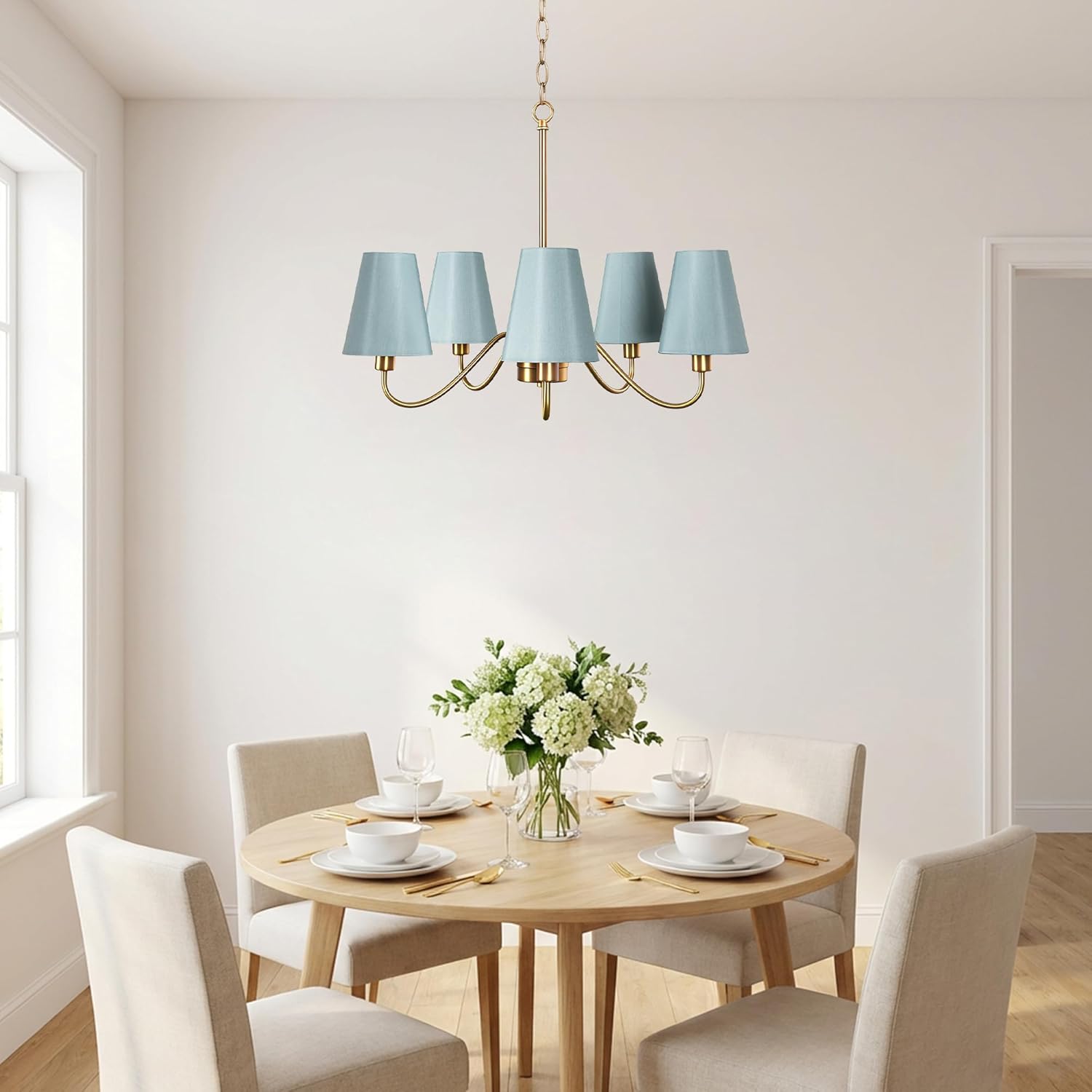 5-Light Gold Chandelier with Blue Fabric Shades, Classic Farmhouse Blue Kitchen Light Fixtures, 25" Linear Hanging Pendant Lighting for Dining Room Bedroom Living Room Entryway