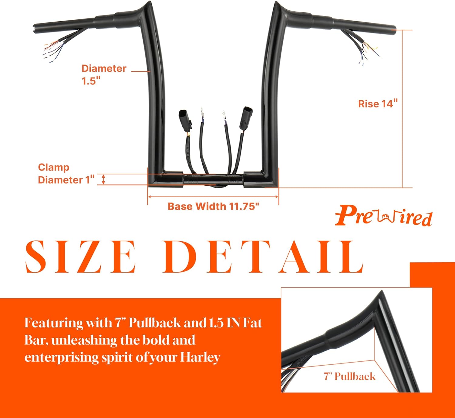 1.5" Fat 14" Rise Handlebars for Harley 2007-2013 Softail/Dyna/Sportster Meathook Ape Hangers Pre-wired Bar with CAN-Bus and Turn Signal Wire Harness, Black