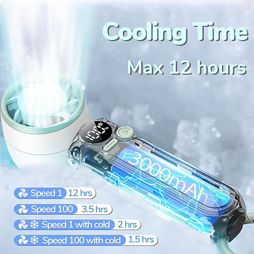 Miniatura 6 de Ventilador de mano portátil con placa de enfriamiento, mini ventilador plegable de 1 a 100 velocidades con soporte, gancho y cordón, hasta 12 horas