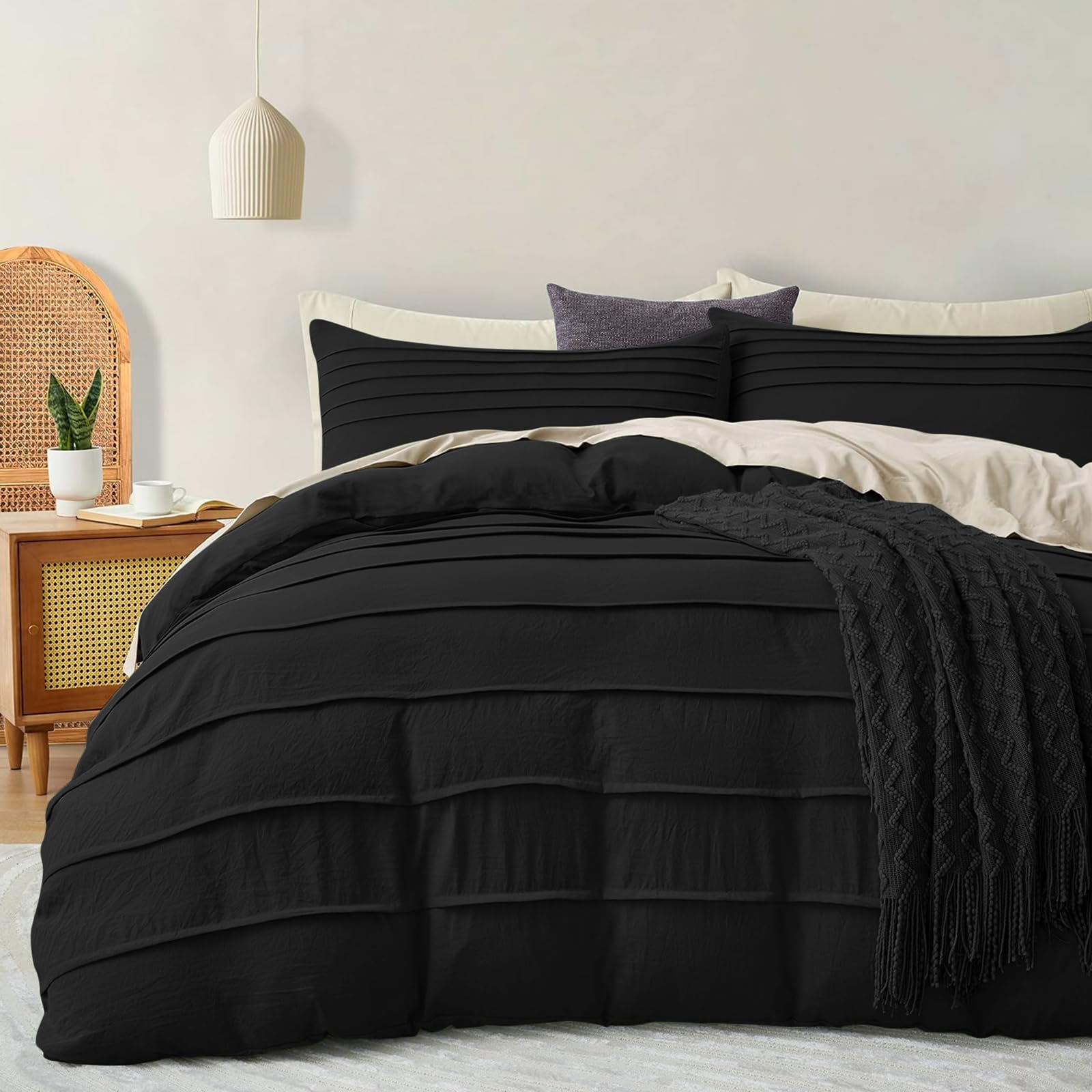 DJY Black Duvet Cover Set King Boho Pleated Microfiber Bedding 3PCS