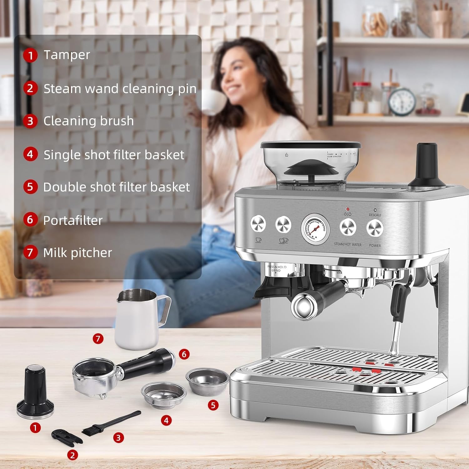 Garvee Cafetera Italiana Automática con Molinillo Integrado – 15 Bares y Control PID – Espresso Profesional en Casa con Boquilla de Vapor, Depósito 2,3L, Acero Inoxidable, Plateado