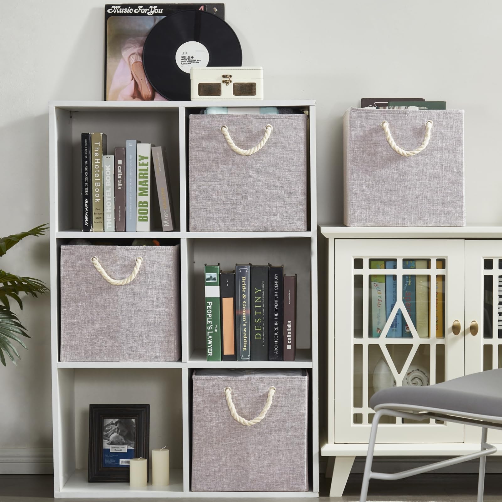 Mangata Cajas de almacenaje plegables, 33 x 38 x 33 cm Cubo de almacenaje con asas de cuerda, caja grande de tela para estantería cubo, organizador de ropa, crema