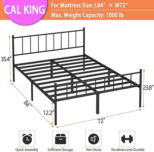 Miniatura 2 de Base de cama California King, base de cama clásica con plataforma de metal, base de colchón con soporte de listones de acero, almacenamiento debajo