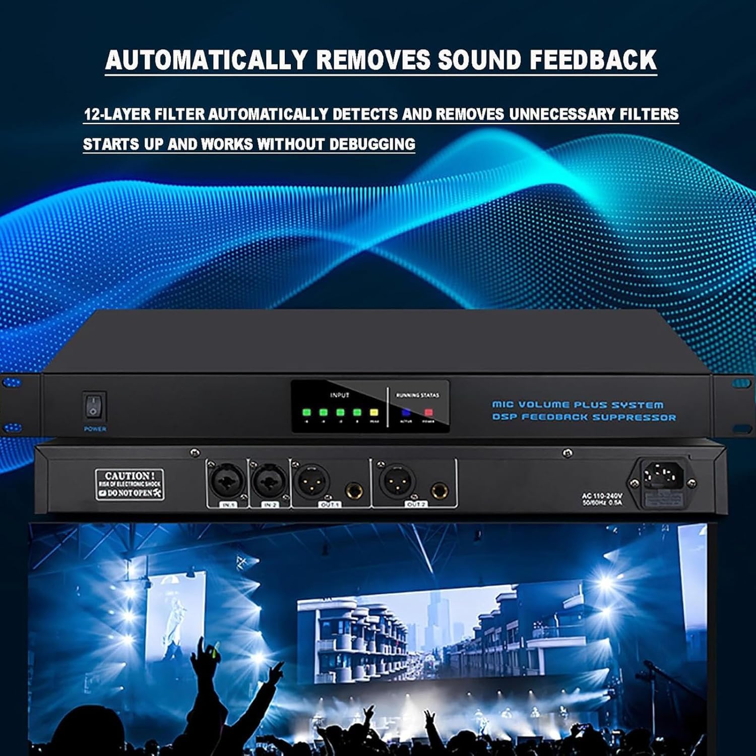 Processore audio digitale con soppressore di feedback 2 in 2 uscite, anti-ululante a 9 livelli, scansiona automaticamente le frequenze ululanti per prestazioni e uso in conferenza