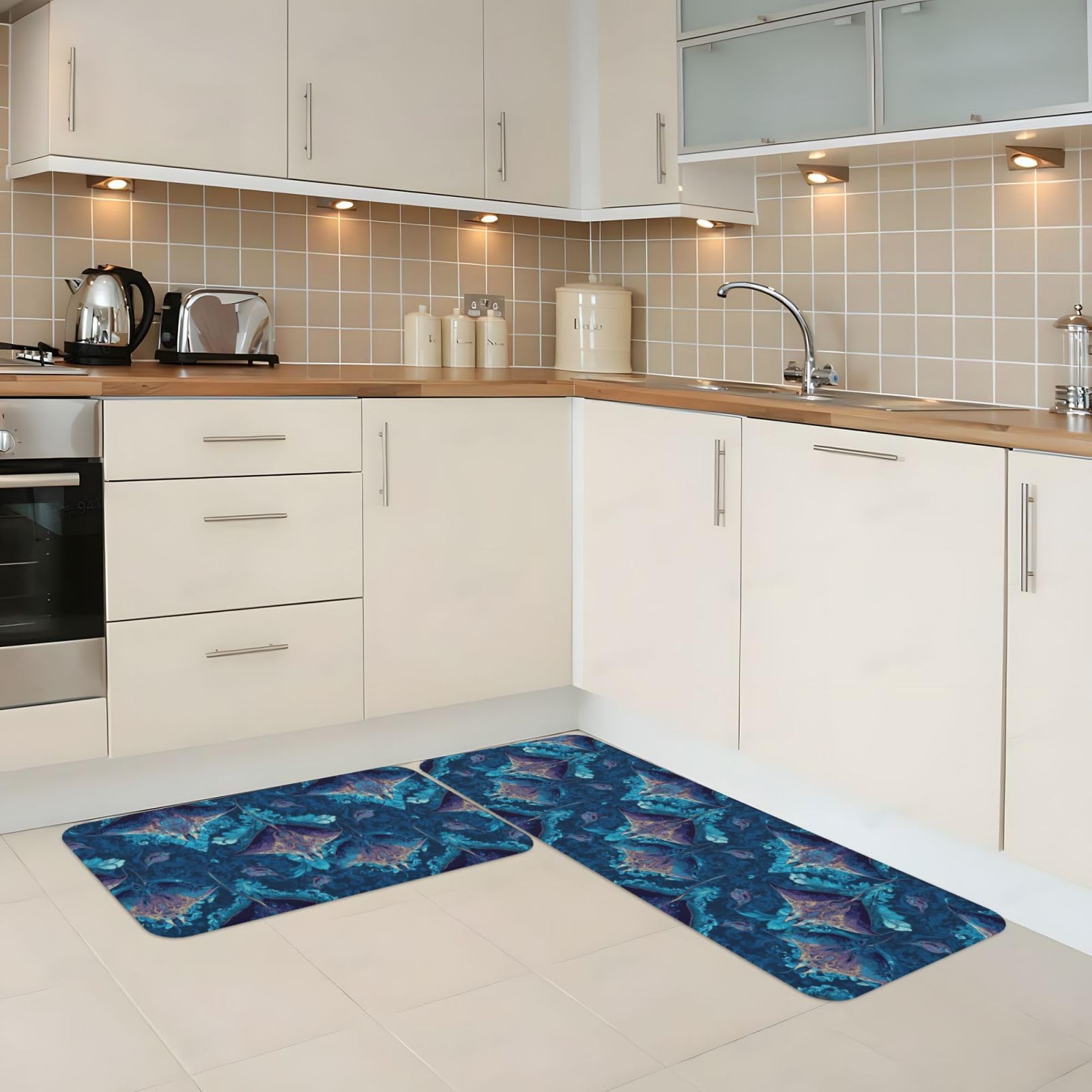 GVYGVY Antifatigue Kitchen Mats for Floor 2 Piece - Retro Blue Manta Ray Print Kitchen Rugs Washable, Non Slip Runner Rug Standing Mat for Office/Bathroom/Laundry/Home Decor and Accessories