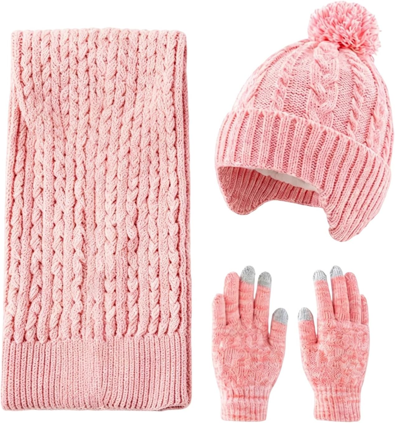 Girls Winter Knit Hat Long Scarf Hand Warmers 3 Piece Set