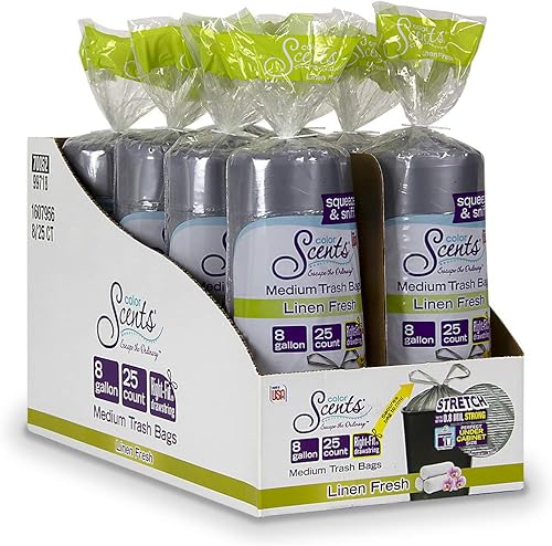 Color Scents - Bolsas de basura mediana de 8 galones con cordón, 200 unidades, bolsas de basura plateadas con fragancia para cocina, aroma fresco de