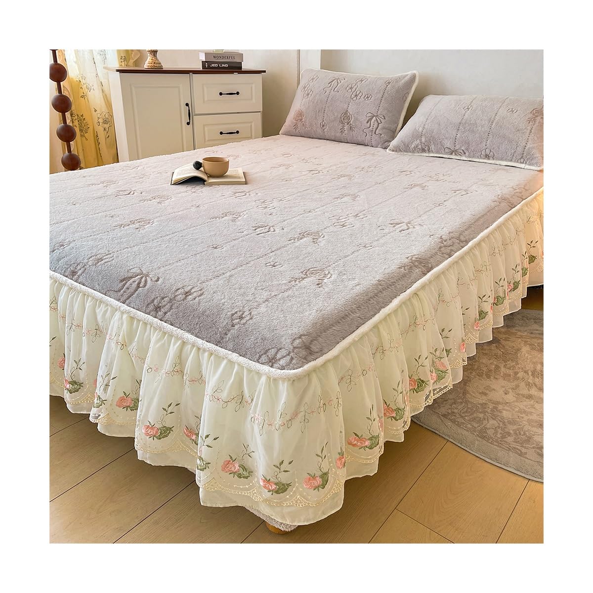 Pelliccia di Coniglio 3 Pezzi Gonne da Letto Altezza Gonna Letto 35cm Assorbe L'umidità E Traspirante Mantovane Giroletto(Gray A,Super/CK King-200 * 220)