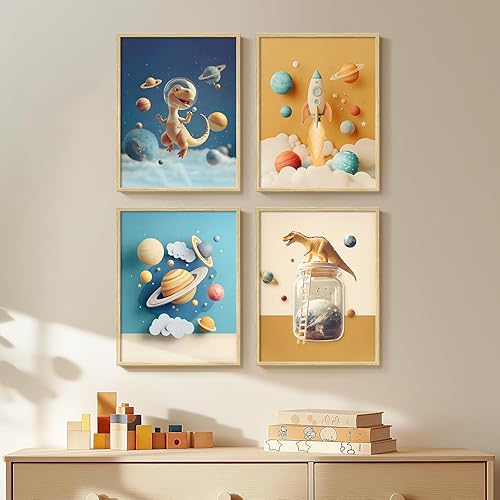 Miniatura 12 de Arte de pared enmarcado de astronauta espacial para decoración de guardería, 4 piezas temáticas de lienzo con temática del espacio exterior, cuadros