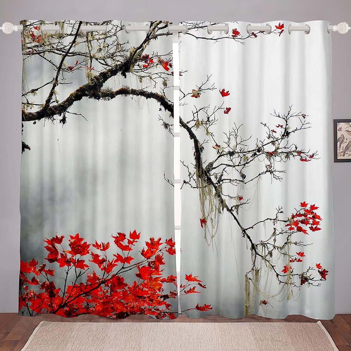 Loussiesd Black and White Curtains Window Panels Print Asian Japanese Style Tree Branch with Red Leaves Set of Window Curtain W66*L90 Drapes for Living Room Bedroom Kitchen