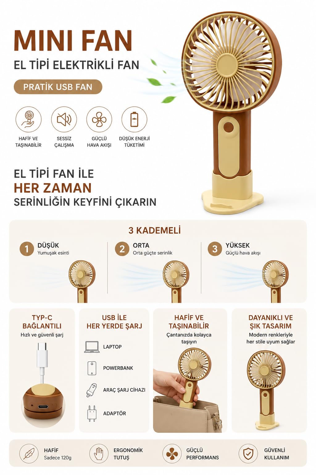 Mini El Fanı USB Şarjlı Type-C Bağlantılı 3 Kademeli Taşınabilir Elektrikli Fan Masaüstü ve El Tipi Kullanım Kahverengi Renk Serinletici Fan