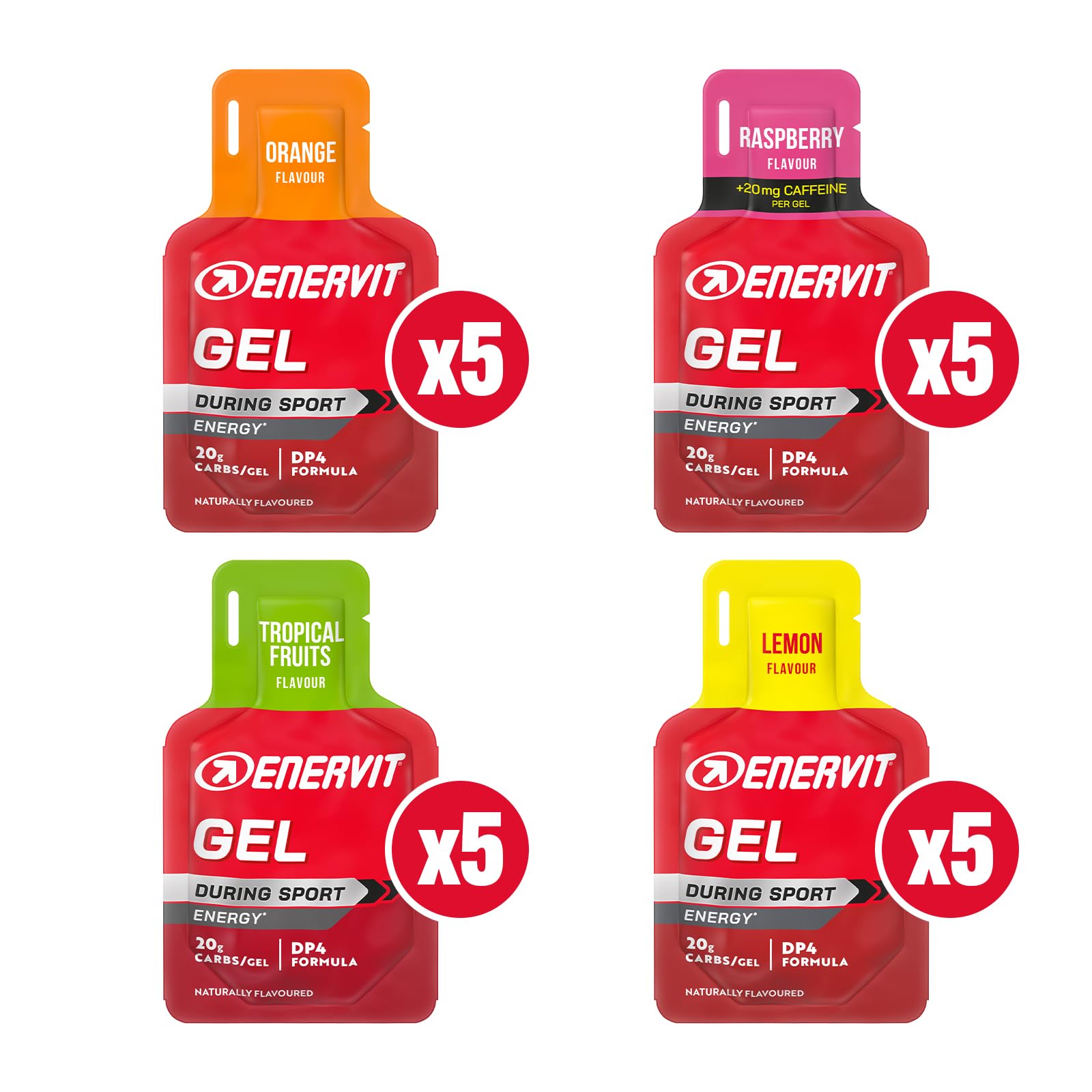 Enervit Energy Gel – Energiegele mit Vitaminen, 20 g Kohlenhydrate pro Gel, hohe Energiedichte, für Ausdauersport, Vegan, Glutenfrei, gemischte Packung mit 20 Gels, 25 ml pro Packung