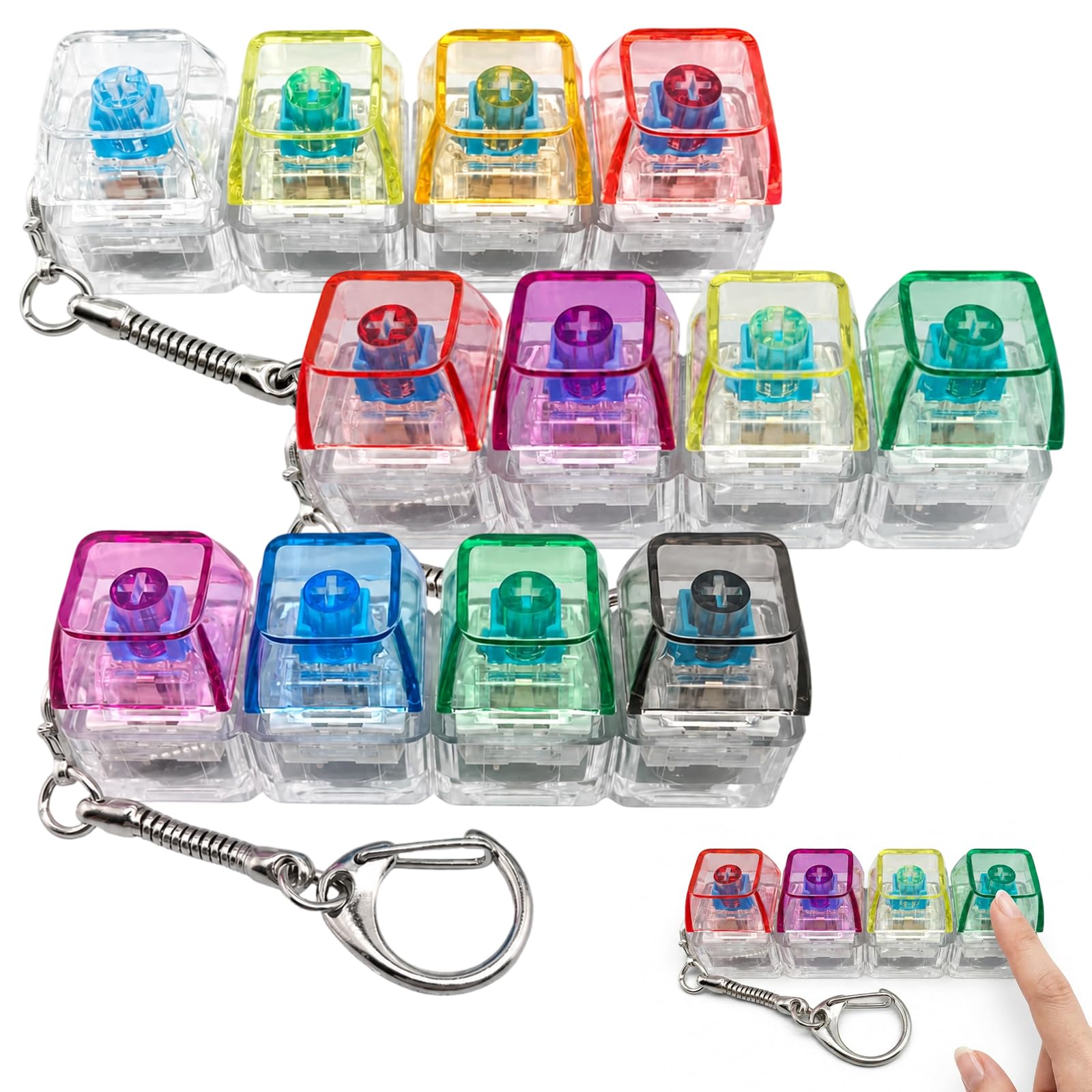 3PCS Keyboard Fidget Toy Light Up, Transparent Mini Finger Button Toy, Fidget Keyboard with LED Keychain 4 Buttons, Clicky Keyboard Fidget, for Office School Travel Gifts Daily Use