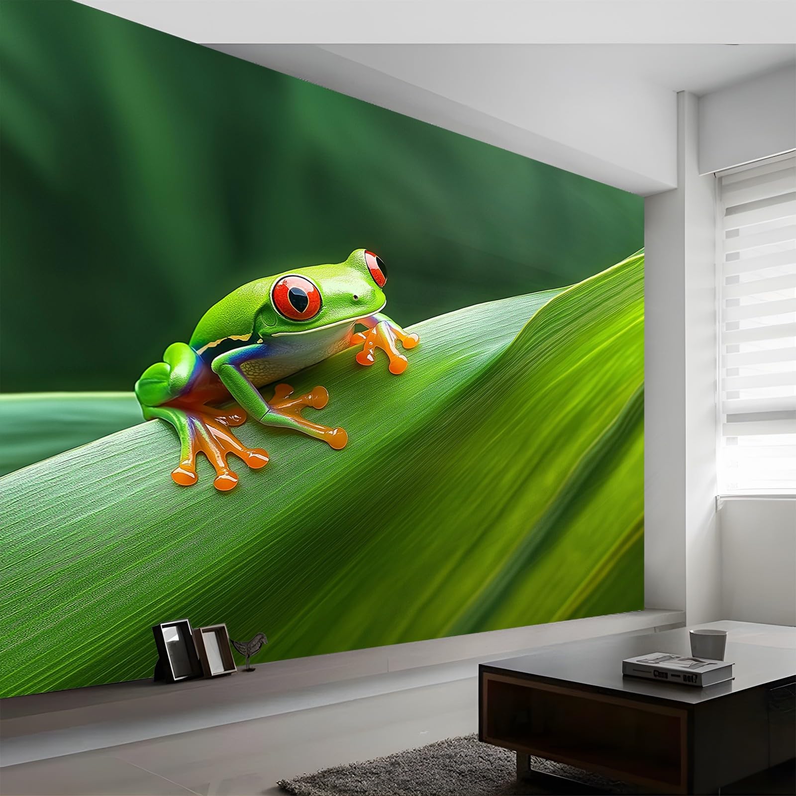 Panoramiczna tapeta ze zwierzętami żaba zbliżenie zielony czerwony 200 x 140 cm (szer. x wys.), niestandardowy gigantyczny plakat ścienny 3D, do dekoracji ścian pokoju dziecięcego, nowoczesne