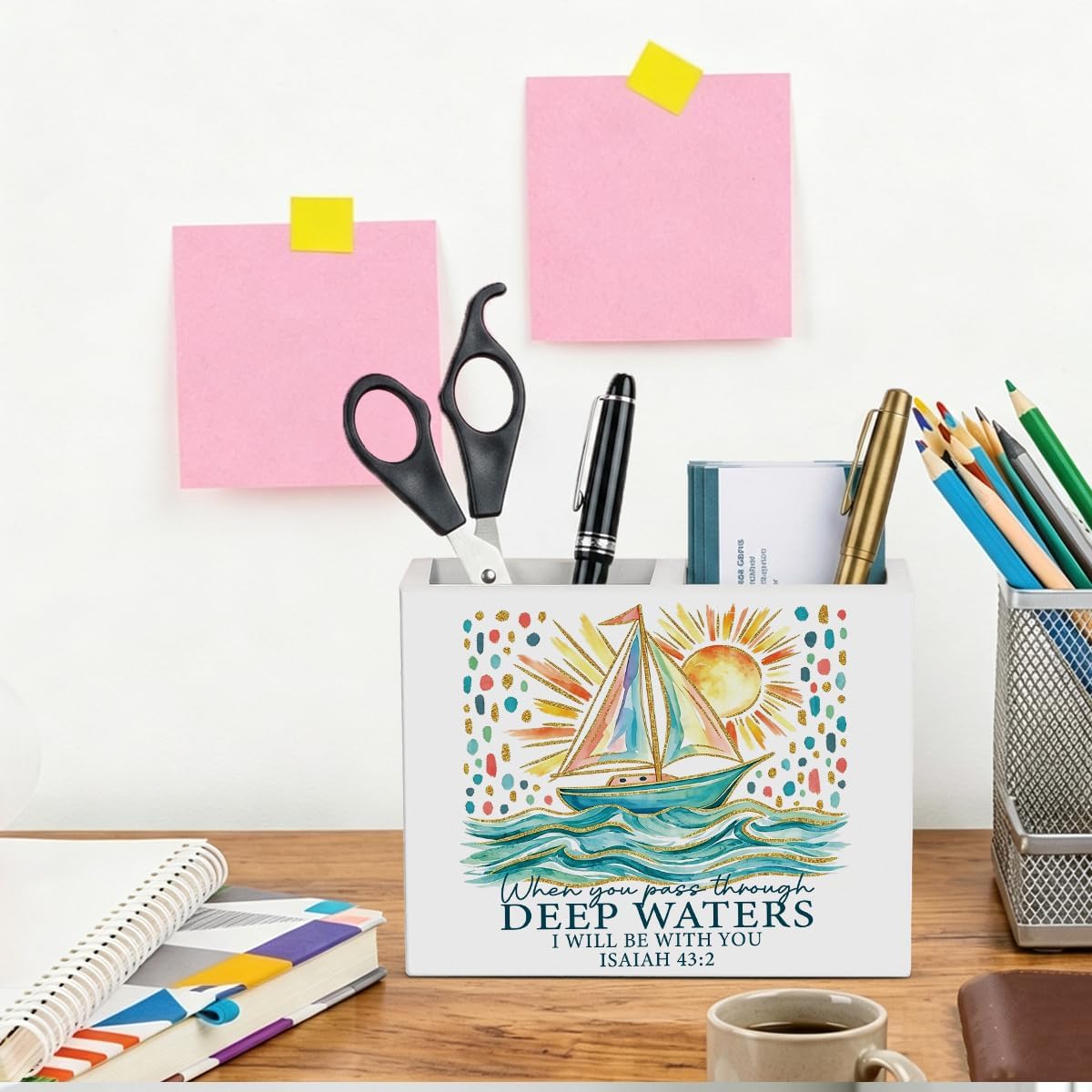 Christian Wood Pen Holder Decor Bible Verse Sailboat Desk Accessories image 5