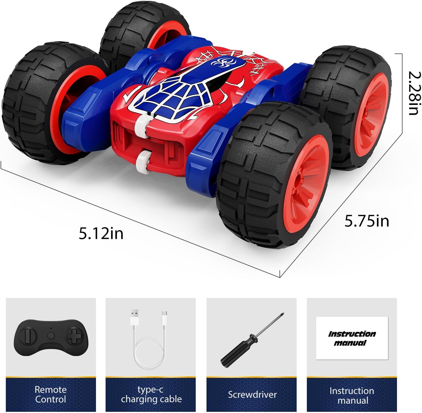 Tecnock Spider Remote Control Car, 2.4GHz RC Cars with USB-C Easy Charging, 4WD Double Sided 360° Rotates & Flips RC Stunt Car, Toys Gift for Boys and Girls Ages 6-8, 8-12