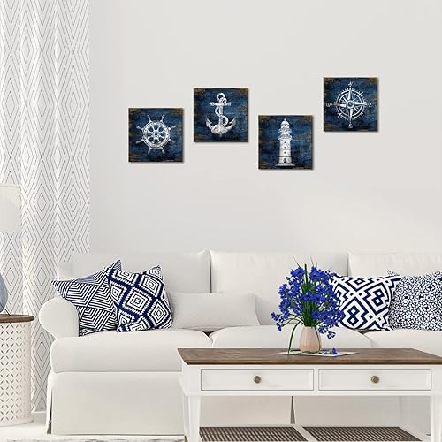Miniatura 2 de KLVOS Lienzo náutico para pared, pintura de ancla de barco azul marino, diseño de timón, brújula, faro, estilo rústico, playa, decoración del hogar,