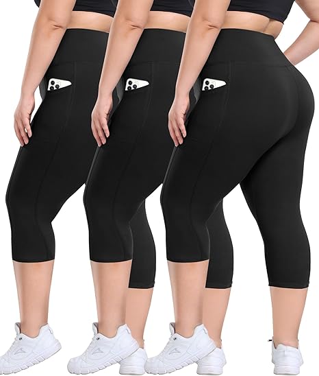 3 Pack Plus Size Leggings with Pockets for Women - High Waisted Tummy Control Spandex Soft Black Workout Yoga Pants