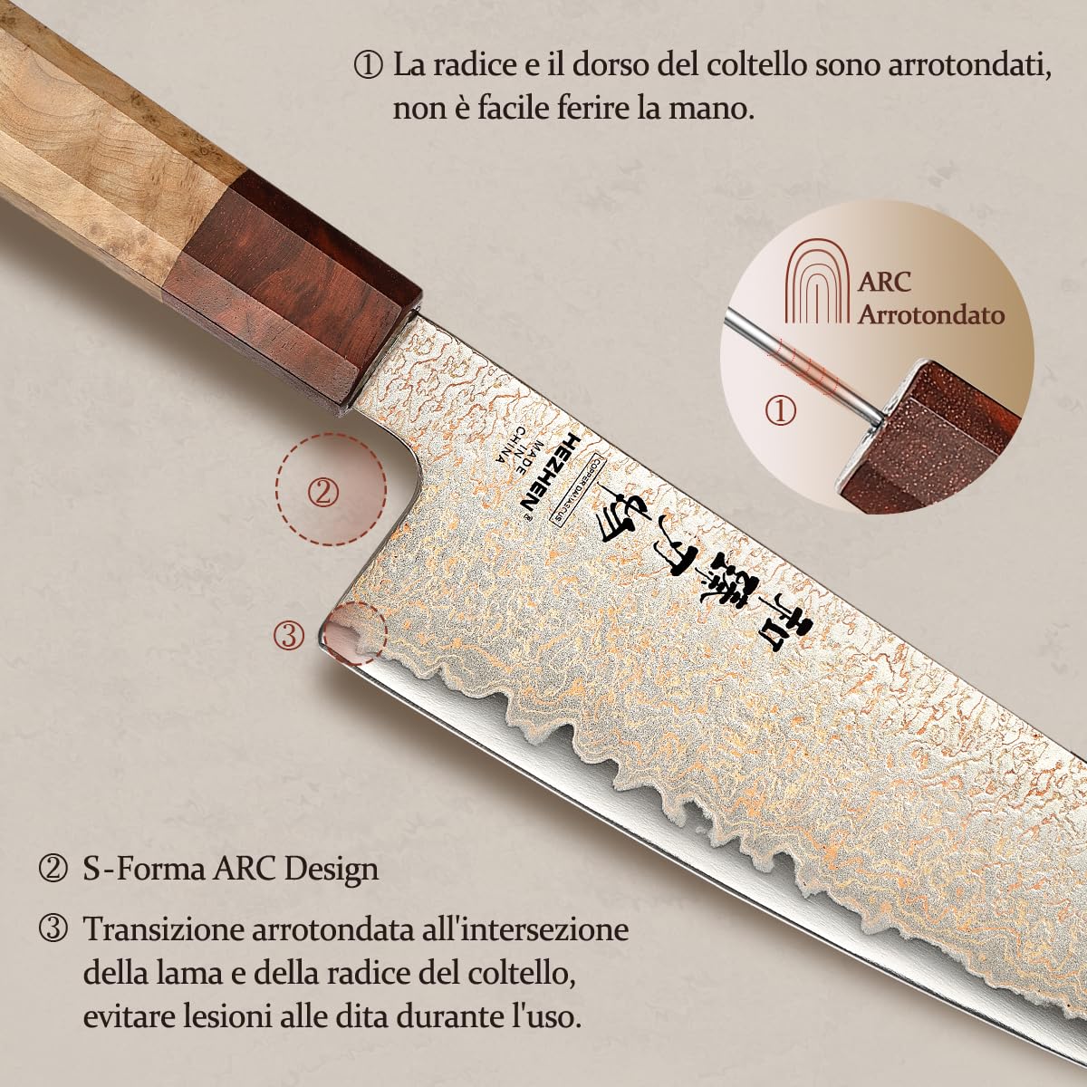 HEZHEN Coltello da Chef in Acciaio Damascato Rame, Professionale Coltello Damasco in Stile Giapponese, Manico Ottagonale in Legno