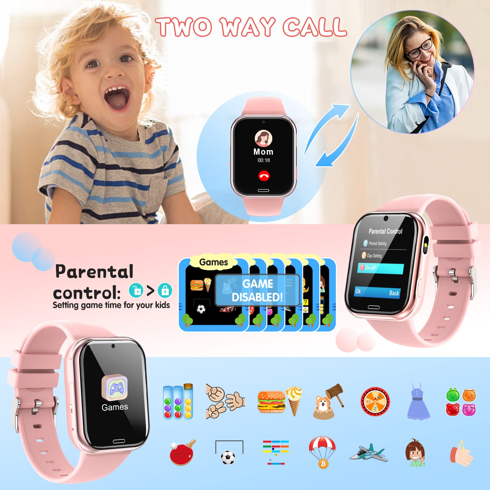 Lylica Reloj Inteligente Niños - Smartwatch Niño para y Niña con Podómetro, 19 Juegos, Llamadas, SOS, Música, Linterna, Juguetes para niños de 3-12 años Navidad Cumpleaños Regalo (Rosa)